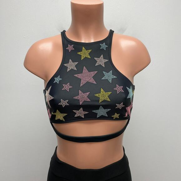 Beach Riot Womens Black Star Print Stretch High Neck Racerback Sports Bra M - Picture 1 of 7